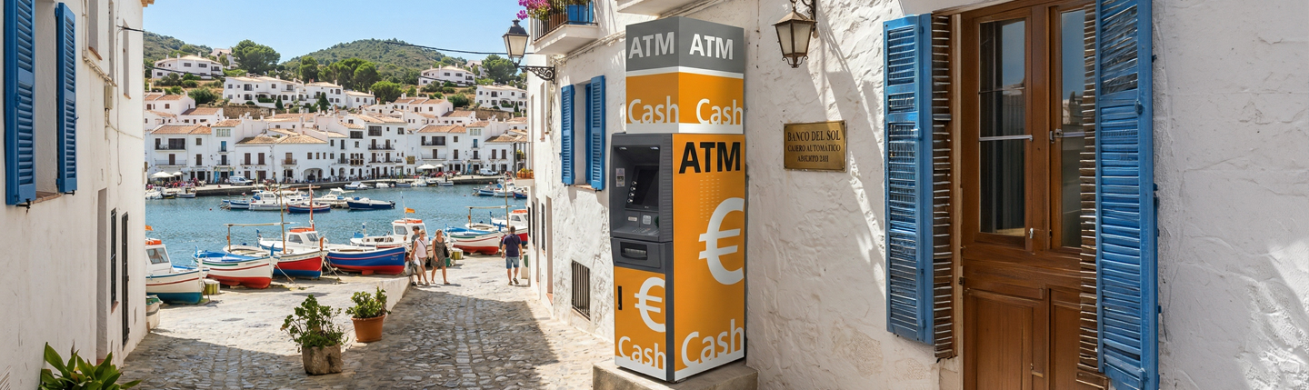 Cajero automático junto al puerto de una localidad costera española
