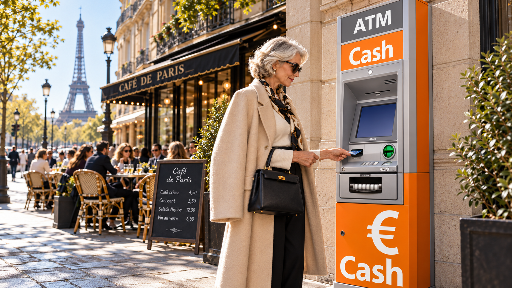 Distributeur de billets In2Retail près d’un café parisien, avec la tour Eiffel en arrière-plan