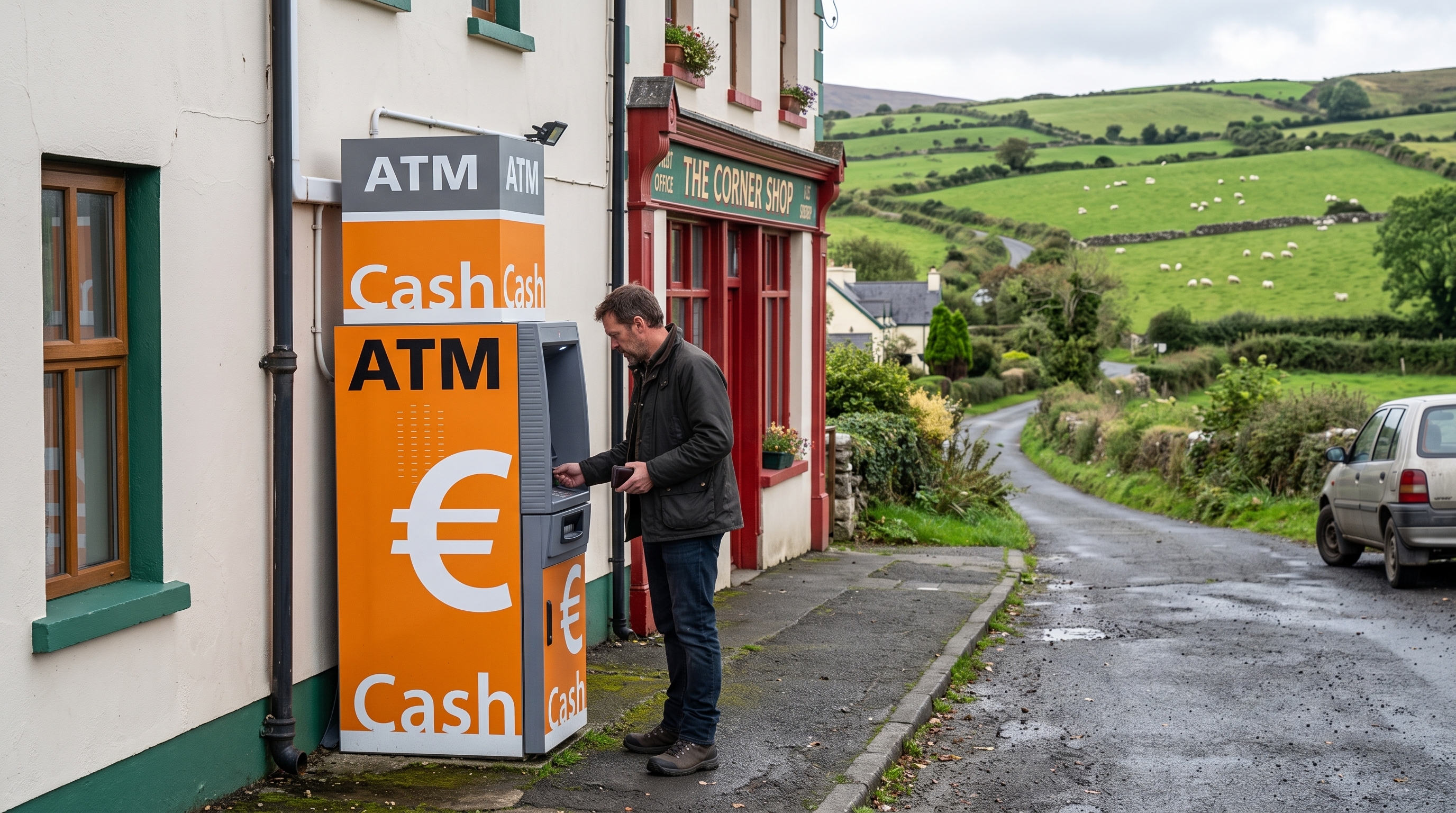A customer using an ATM outside a village shop in the Irish countryside