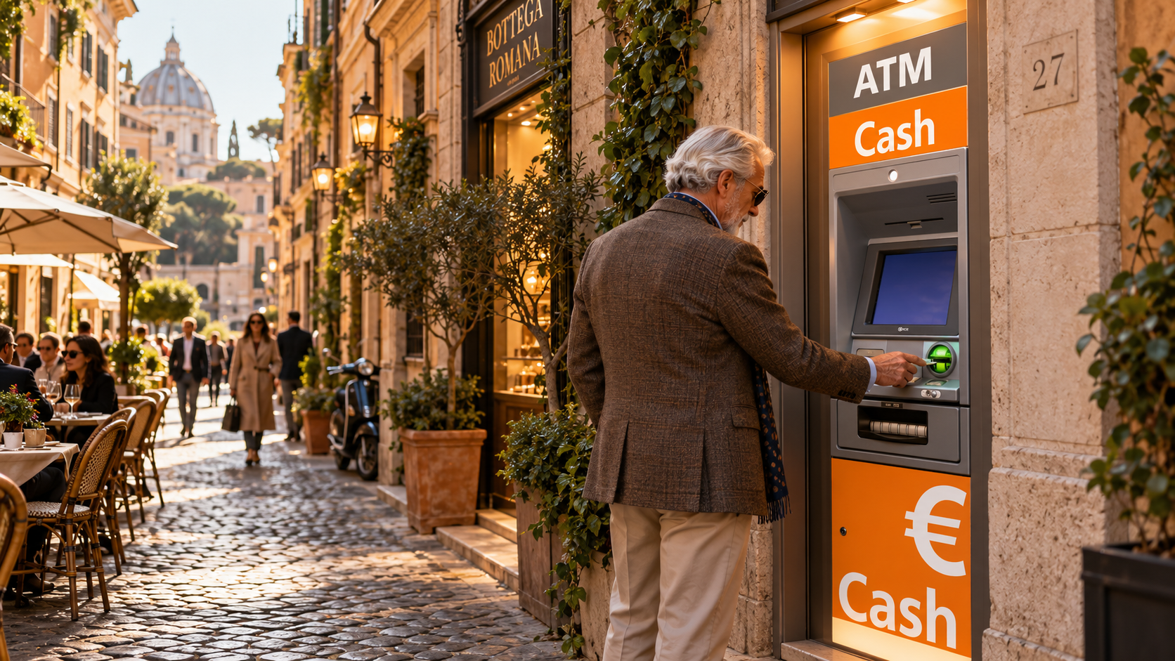Un cliente utilizza un bancomat in una strada di Roma