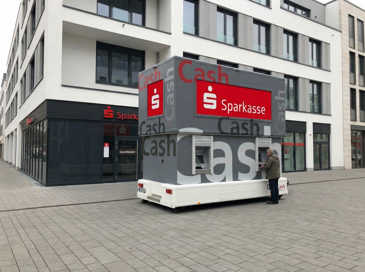 Mobiler Geldautomaten-Standort vor einer Sparkasse