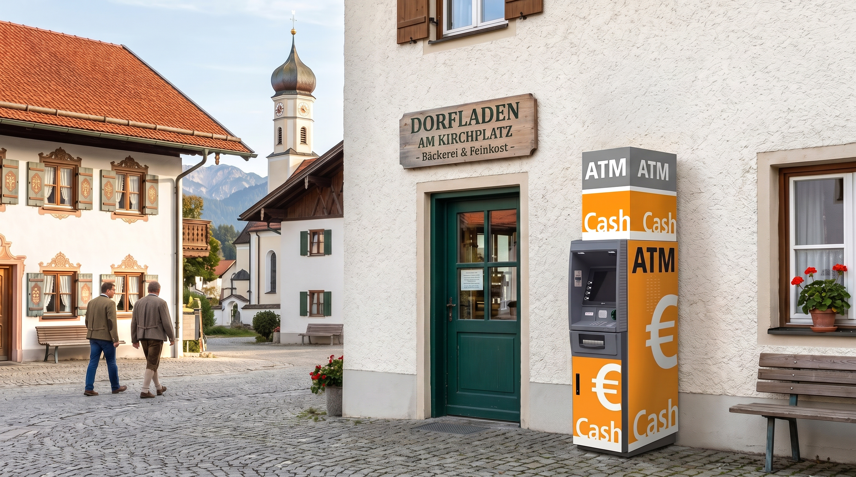 IC Cash Geldautomat neben einem Dorfladen