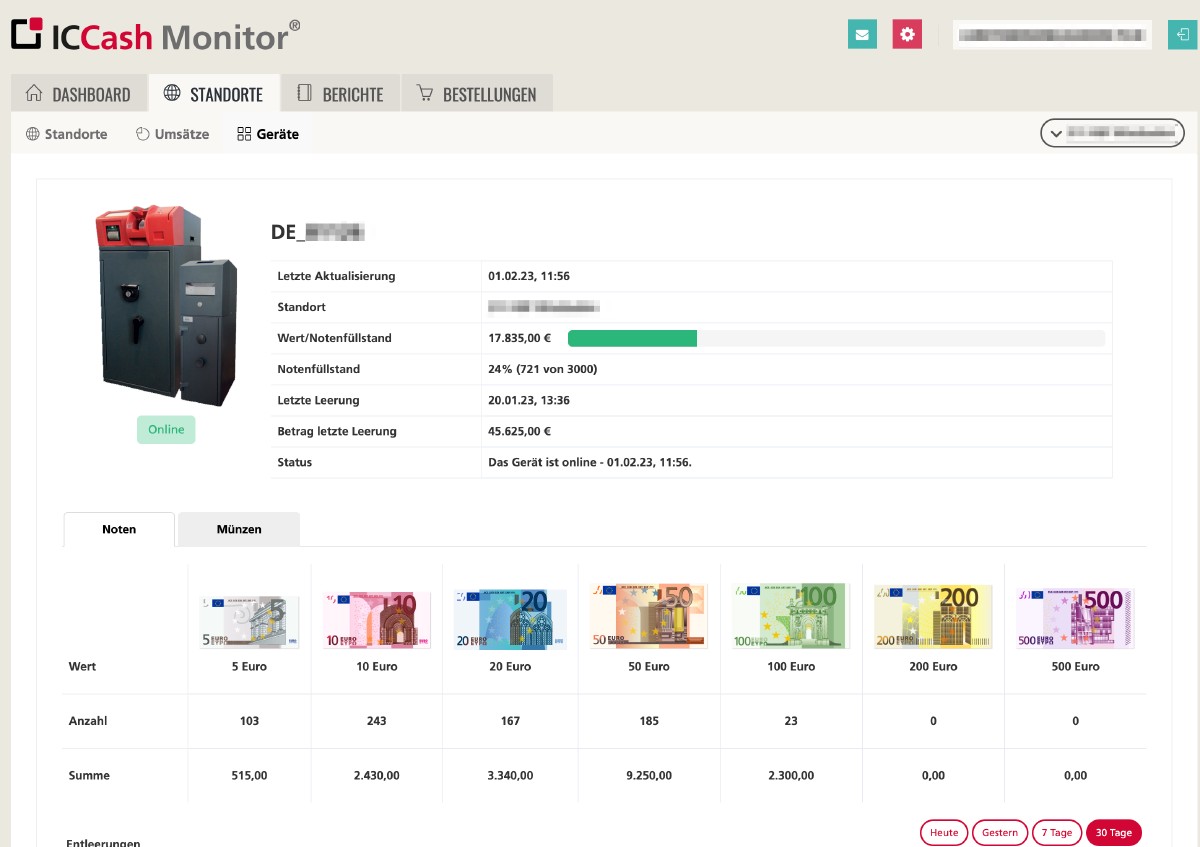 IC Cash Monitor Detailansicht der Bestände eines Bargeldsystems