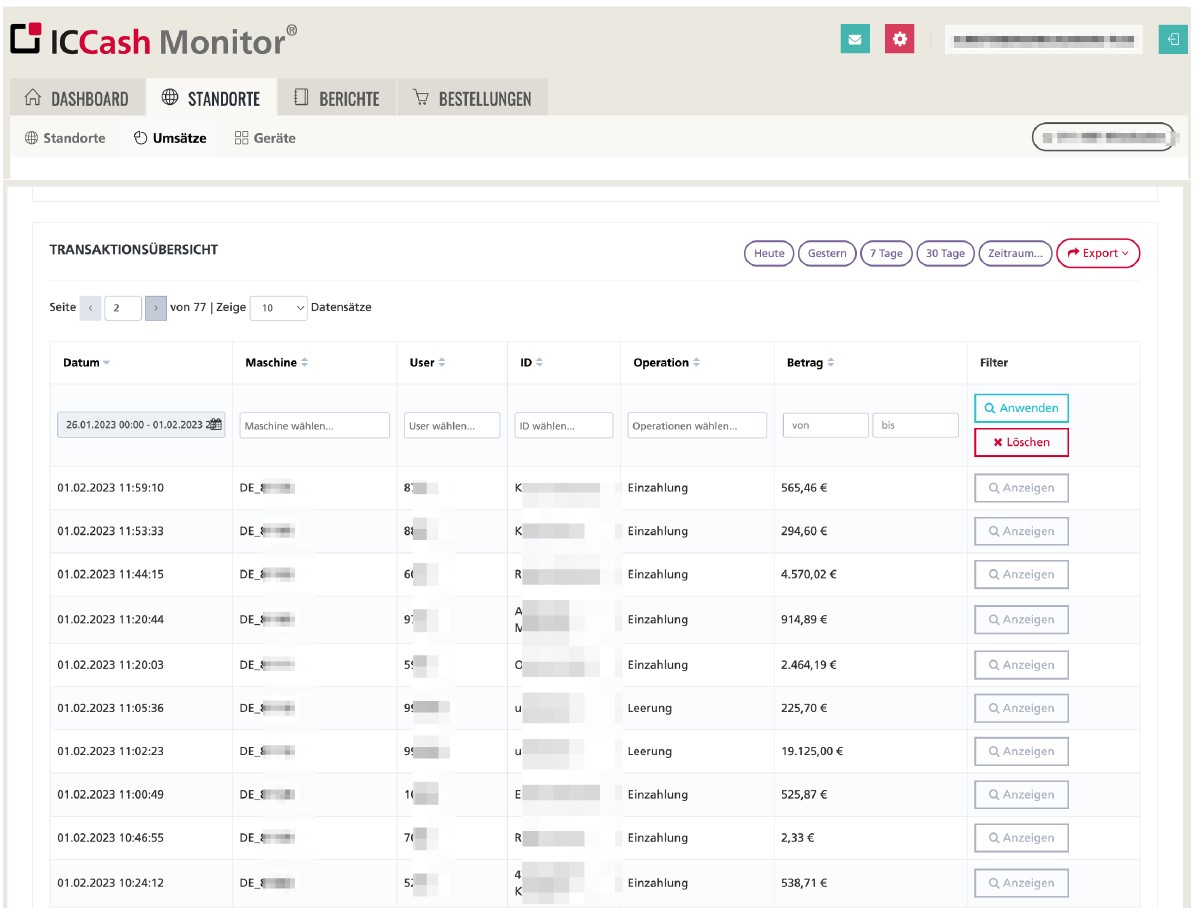 IC Cash Monitor Transaktionsübersicht